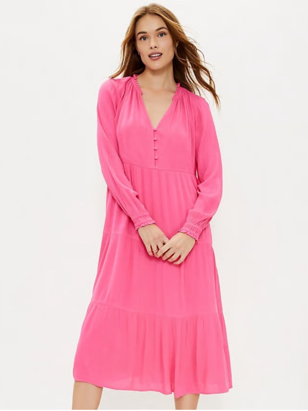 NEW LOFT Hot Pink Tiered Button Up Midi Swing Dress Size XS